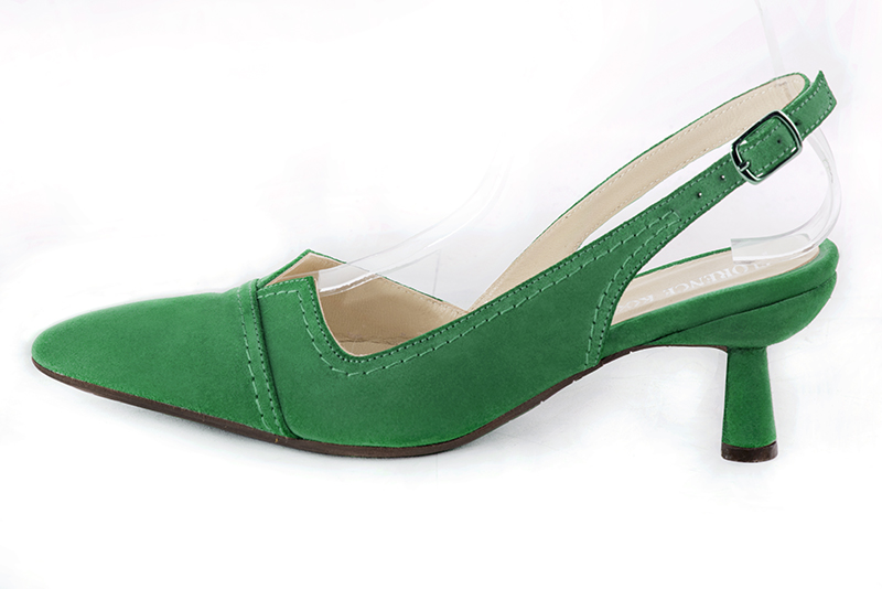 Emerald green women's slingback shoes. Tapered toe. Medium spool heels. Profile view - Florence KOOIJMAN